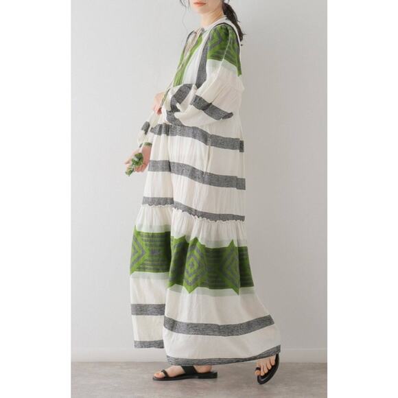 PEARL & CAVIAR Sz S/M Green Ivory Cotton Zakar Maxi Dress NWT - Picture 10 of 12